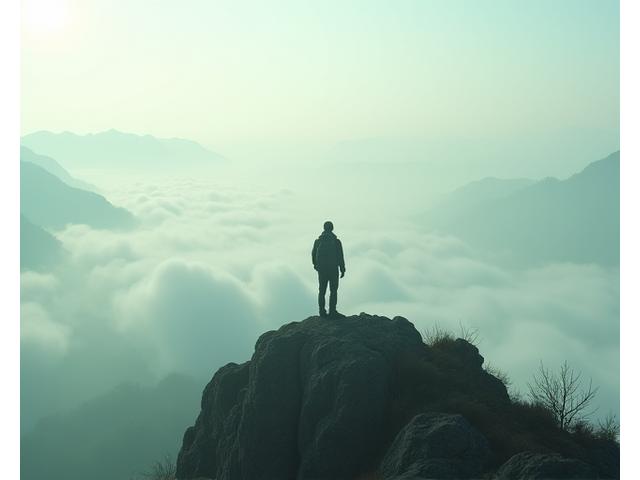 霧に包まれた山頂に立つハイカー