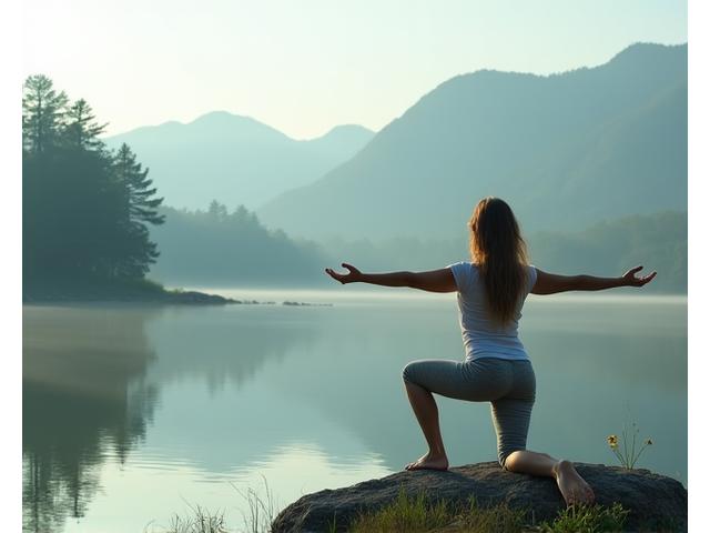 湖畔を背景にヨガのポーズをとる人