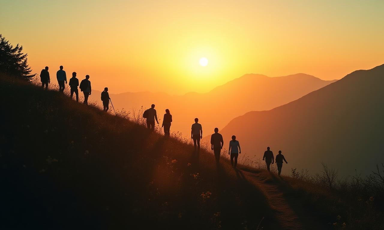 日本の美しい自然の中を歩く人々の影