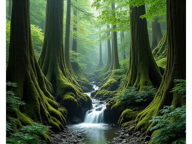 屋久島のモスグリーンの森林と川